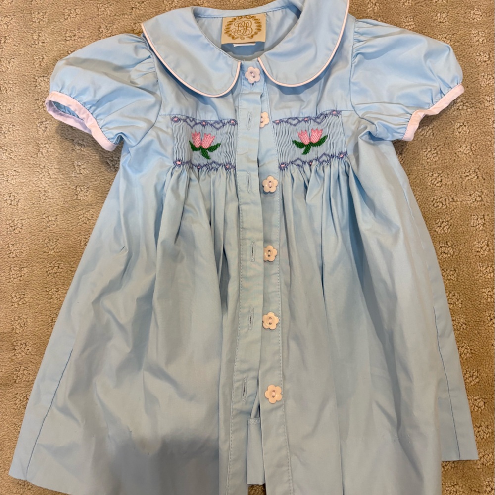 Beaufort Bonnet Light Blue Dress with Smocked Pink flowers